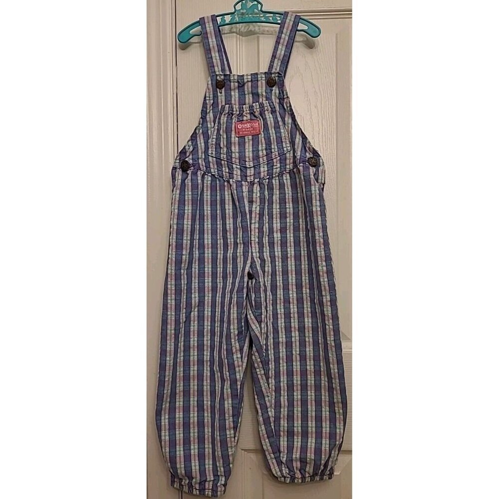 Osh Kosh B’Gosh Vintage Vestbak Pink Purple Plaid Overalls Bubble 4T Romper Deni